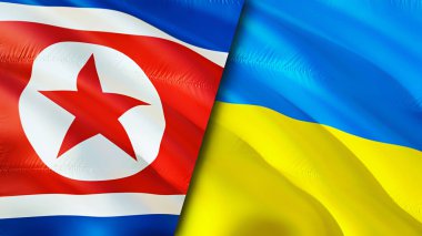 Kuzey Kore ve Ukrayna bayrakları. 3 boyutlu dalgalanan bayrak tasarımı. Kuzey Kore Ukrayna bayrağı, resim, duvar kağıdı. Kuzey Kore, Ukrayna imajına karşı, 3D görüntüleme. Kuzey Kore Ukrayna ilişkileri
