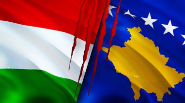 Yara izi olan Macaristan ve Kosova bayrakları. Dalgalanan bayrak, 3 boyutlu görüntüleme. Macaristan ve Kosova ihtilaf kavramı. Macaristan Kosova ilişkileri kavramı. Macaristan ve Kosova 'nın bayrağı kriz, savaş, saldırı konsepti