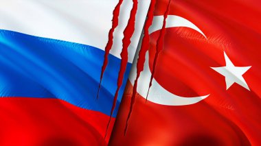 Rusya ve Türkiye yara izi kavramına sahip bayraklar. Dalgalanan bayrak, 3 boyutlu görüntüleme. Rusya ve Türkiye çatışması konsepti. Rusya Türkiye ilişkileri kavramı. Rusya ve Türkiye 'nin bayrağı kriz, savaş, saldırı konsepti