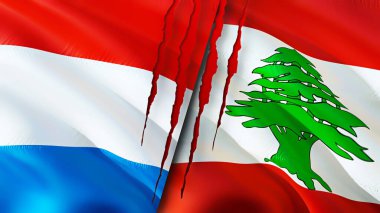 Yara izi olan Lüksemburg ve Lübnan bayrakları. Dalgalanan bayrak, 3 boyutlu görüntüleme. Lüksemburg ve Lübnan çatışma konsepti. Lüksemburg Lübnan ilişkileri kavramı. Lüksemburg bayrağı ve Lübnan krizi, savaş