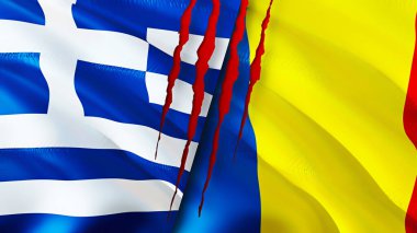 Yunanistan ve Romanya yara izi kavramına sahip bayraklar. Dalgalanan bayrak, 3 boyutlu görüntüleme. Yunanistan ve Romanya ihtilaf kavramı. Yunanistan Romanya ilişkileri kavramı. Yunanistan ve Romanya 'nın bayrağı kriz, savaş, saldırı konsepti