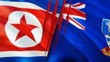 Kuzey Kore ve Falkland Adaları yara izi olan bayraklar. Dalgalanan bayrak, 3 boyutlu görüntüleme. Kuzey Kore ve Falkland Adaları çatışma konsepti. Kuzey Kore Falkland Adaları ilişkileri kavramı. Nort bayrağı