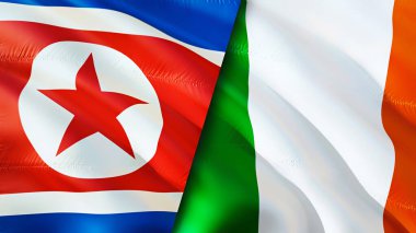 Kuzey Kore ve İrlanda bayrakları. 3 boyutlu dalgalanan bayrak tasarımı. Kuzey Kore İrlanda bayrağı, resim, duvar kağıdı. Kuzey Kore, İrlanda imajına karşı, 3D görüntüleme. Kuzey Kore İrlanda ilişkileri