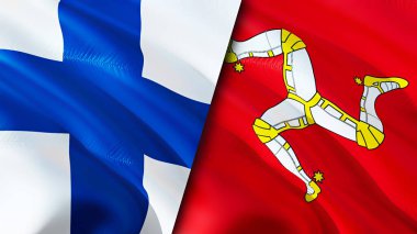 Finlandiya ve Man Adası bayrakları. 3 boyutlu dalgalanan bayrak tasarımı. Finlandiya Erkek Adası bayrağı, resim, duvar kağıdı. Finlandiya vs Man Adası görüntüsü, 3D görüntüleme. Finlandiya Erkek İlişkileri Adası ittifakı