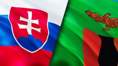 Slovakya ve Zambiya bayrakları. 3 boyutlu dalgalanan bayrak tasarımı. Slovakya Zambiya bayrağı, resim, duvar kağıdı. Slovakya, Zambiya 'ya karşı, görüntü 3 boyutlu. Slovakya Zambiya ilişkileri ittifak ve ticaret, seyahat, turizm konsepti