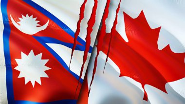 Yara izi olan Nepal ve Kanada bayrakları. Dalgalanan bayrak, 3 boyutlu görüntüleme. Nepal ve Kanada çatışma konsepti. Nepal Kanada ilişkileri kavramı. Nepal ve Kanada krizi bayrağı, savaş, saldırı konsepti