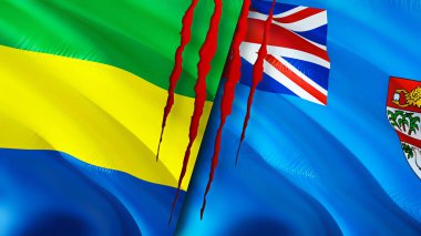 Gabon ve Fiji bayrakları yara izi konseptiyle. Dalgalanan bayrak, 3 boyutlu görüntüleme. Gabon ve Fiji çatışma konsepti. Gabon Fiji ilişkileri konsepti. Gabon ve Fiji bayrağı krizi, savaş, saldırı konsepti
