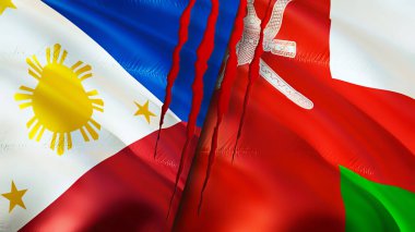 Yara izi olan Filipinler ve Umman bayrakları. Dalgalanan bayrak, 3 boyutlu görüntüleme. Filipinler ve Umman çatışma konsepti. Filipinler Umman ilişkileri kavramı. Filipinler bayrağı ve Umman krizi, savaş, attac