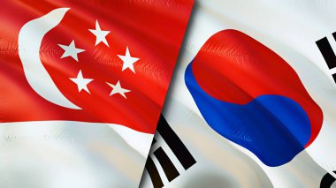 Singapur ve Güney Kore bayrakları. 3 boyutlu dalgalanan bayrak tasarımı. Singapur Güney Kore bayrağı, resim, duvar kağıdı. Singapur, Güney Kore 'ye karşı, görüntü 3D. Singapur Güney Kore ilişkileri