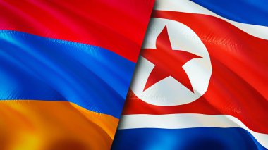 Ermenistan ve Kuzey Kore bayrakları. 3 boyutlu dalgalanan bayrak tasarımı. Ermenistan Kuzey Kore bayrağı, resim, duvar kağıdı. Ermenistan, Kuzey Kore imajına karşı, 3D görüntüleme. Ermenistan Kuzey Kore ilişkileri
