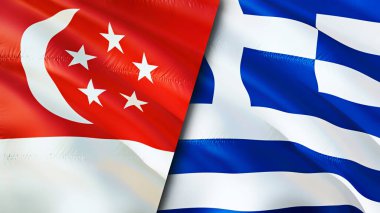Singapur ve Yunanistan bayrakları. 3 boyutlu dalgalanan bayrak tasarımı. Singapur Yunanistan bayrağı, resim, duvar kağıdı. Singapur Yunanistan 'a karşı, görüntü 3D. Singapur Yunanistan ilişkileri ittifak ve Ticaret, seyahat, turnuva