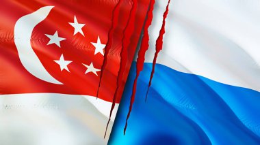 Singapur ve San Marino bayraklarında yara izi var. Dalgalanan bayrak, 3 boyutlu görüntüleme. Singapur ve San Marino çatışma konsepti. Singapur San Marino ilişkileri kavramı. Singapur ve San Marin bayrağı