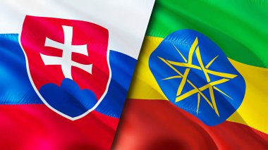 Slovakya ve Etiyopya bayrakları. 3 boyutlu dalgalanan bayrak tasarımı. Slovakya Etiyopya bayrağı, resim, duvar kağıdı. Slovakya, Etiyopya imajına karşı, 3 boyutlu canlandırma. Slovakya Etiyopya ilişkileri ittifak ve ticaret, seyahat, turnuva