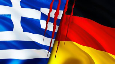 Yunanistan ve Almanya yara izi kavramına sahip bayraklar. Dalgalanan bayrak, 3 boyutlu görüntüleme. Yunanistan ve Almanya çatışma konsepti. Yunanistan Almanya ilişkileri kavramı. Yunanistan ve Almanya 'nın bayrağı kriz, savaş, saldırı konsepti