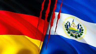 Almanya ve El Salvador yara izi olan bayraklar. Dalgalanan bayrak, 3 boyutlu görüntüleme. Almanya ve El Salvador çatışma konsepti. Almanya El Salvador ilişkileri kavramı. Almanya ve El Salvado bayrağı