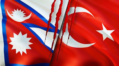 Nepal ve Hindi bayraklarında yara izi var. Dalgalanan bayrak, 3 boyutlu görüntüleme. Nepal ve Türkiye çatışması konsepti. Nepal Türkiye ilişkileri kavramı. Nepal ve Türkiye 'nin bayrağı kriz, savaş, saldırı konsepti