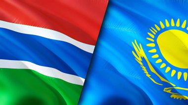 Gambiya ve Kazakistan bayrakları. 3 boyutlu dalgalanan bayrak tasarımı. Gambiya Kazakistan bayrağı, resim, duvar kağıdı. Gambiya Kazakistan 'a karşı, görüntü 3 boyutlu. Gambiya Kazakistan ilişkileri ittifak ve ticaret, seyahat, turnuva