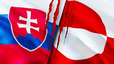 Slovakya ve Grönland bayraklarında yara izi var. Dalgalanan bayrak, 3 boyutlu görüntüleme. Slovakya ve Grönland çatışması konsepti. Slovakya Grönland ilişkileri kavramı. Slovakya bayrağı ve Grönland krizi, savaş