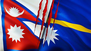 Yara izi olan Nepal ve Nauru bayrakları. Dalgalanan bayrak, 3 boyutlu görüntüleme. Nepal ve Nauru çatışma konsepti. Nepal Nauru ilişkileri kavramı. Nepal bayrağı ve Nauru krizi, savaş, saldırı konsepti