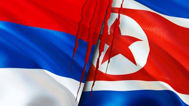 Sırbistan ve Kuzey Kore yara izi kavramına sahip bayraklar. Dalgalanan bayrak, 3 boyutlu görüntüleme. Sırbistan ve Kuzey Kore çatışma konsepti. Sırbistan Kuzey Kore ilişkileri kavramı. Sırbistan bayrağı ve Kuzey Kore krizi, savaş