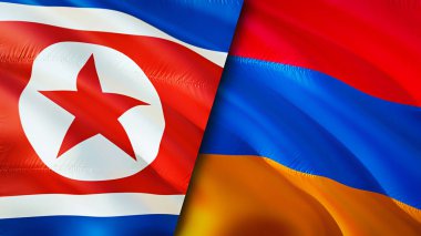 Kuzey Kore ve Ermenistan bayrakları. 3 boyutlu dalgalanan bayrak tasarımı. Kuzey Kore Ermenistan bayrağı, resim, duvar kağıdı. Kuzey Kore, Ermenistan imajına karşı, 3D görüntüleme. Kuzey Kore Ermenistan ilişkileri
