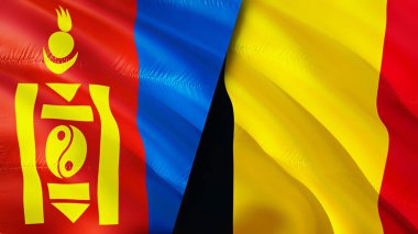 Moğolistan ve Belçika bayrakları. 3 boyutlu dalgalanan bayrak tasarımı. Moğolistan Belçika bayrağı, resim, duvar kağıdı. Moğolistan Belçika 'ya karşı, görüntü 3 boyutlu. Moğolistan Belçika ilişkileri ittifak ve ticaret, seyahat, turnuva