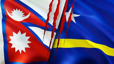 Yara izi olan Nepal ve Curacao bayrakları. Dalgalanan bayrak, 3 boyutlu görüntüleme. Nepal ve Curacao çatışma konsepti. Nepal Curacao ilişkileri kavramı. Nepal ve Curacao bayrağı kriz, savaş, saldırı konsepti