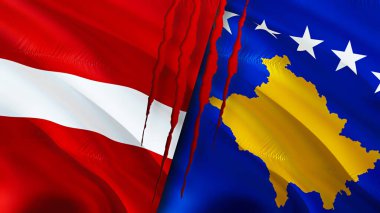Letonya ve Kosova yara izi kavramına sahip bayraklar. Dalgalanan bayrak, 3 boyutlu görüntüleme. Letonya ve Kosova ihtilaf kavramı. Letonya Kosova ilişkileri kavramı. Letonya bayrağı ve Kosova krizi, savaş, saldırı konsepti