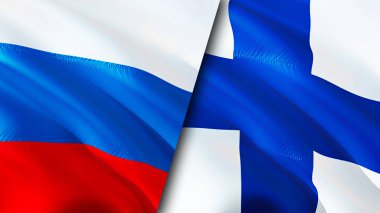 Rusya ve Finlandiya bayrakları. 3 boyutlu dalgalanan bayrak tasarımı. Rusya Finlandiya bayrağı, resim, duvar kağıdı. Rusya, Finlandiya 'ya karşı imaj, 3D görüntüleme. Rusya Finlandiya 'da ittifak ve ticaret, seyahat ve turizm kavramları