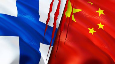 Yara izi olan Finlandiya ve Çin bayrakları. Dalgalanan bayrak, 3 boyutlu görüntüleme. Finlandiya ve Çin çatışma konsepti. Finlandiya Çin ilişkileri kavramı. Finlandiya bayrağı ve Çin krizi, savaş, saldırı konsepti