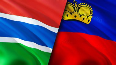 Gambia ve Lihtenştayn bayrakları. 3 boyutlu dalgalanan bayrak tasarımı. Gambia Liechtenstein bayrağı, resim, duvar kağıdı. Gambia, Liechtenstein 'a karşı, görüntü 3 boyutlu. Gambia Liechtenstein İlişkiler Birliği