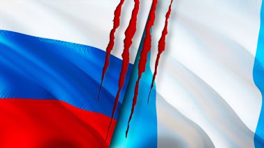 Rusya ve Guatemala yara izi olan bayraklar. Dalgalanan bayrak, 3 boyutlu görüntüleme. Rusya ve Guatemala çatışma konsepti. Rusya Guatemala ilişkileri kavramı. Rusya bayrağı ve Guatemala krizi, savaş, attac