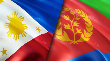 Filipinler ve Eritre bayrakları. 3 boyutlu dalgalanan bayrak tasarımı. Filipinler Eritre bayrağı, resim, duvar kağıdı. Filipinler, Eritre 'ye karşı, görüntü 3 boyutlu. Filipinler Eritre ilişkileri ittifakı