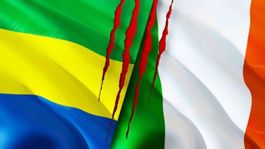 Gabon ve İrlanda bayrakları yara izi konseptiyle. Dalgalanan bayrak, 3 boyutlu görüntüleme. Gabon ve İrlanda çatışma konsepti. Gabon İrlanda ilişkileri kavramı. Gabon ve İrlanda bayrağı krizi, savaş, saldırı konsepti