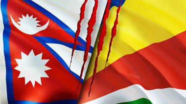 Nepal ve Seyşeller yara izi olan bayraklar. Dalgalanan bayrak, 3 boyutlu görüntüleme. Nepal ve Seyşeller çatışma konsepti. Nepal Seyşeller ilişkileri kavramı. Nepal ve Seyşeller bayrağı kriz, savaş, attac