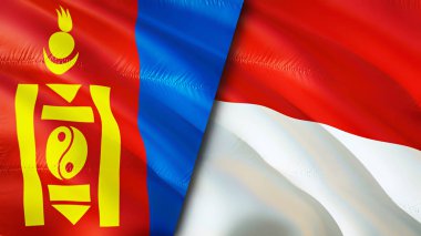 Moğolistan ve Endonezya bayrakları. 3 boyutlu dalgalanan bayrak tasarımı. Moğolistan Endonezya bayrağı, resim, duvar kağıdı. Moğolistan, Endonezya 'ya karşı, görüntü 3 boyutlu. Moğolistan Endonezya ilişkileri