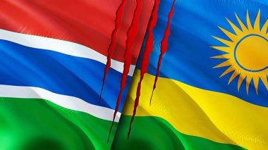 Gambiya ve Ruanda bayrakları yara izi konseptiyle. Dalgalanan bayrak, 3 boyutlu görüntüleme. Gambiya ve Ruanda çatışma konsepti. Gambiya Ruanda ilişkileri kavramı. Gambiya bayrağı ve Ruanda krizi, savaş, saldırı konsepti