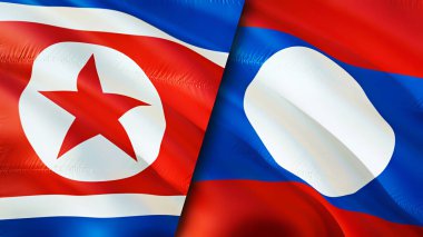 Kuzey Kore ve Laos bayrakları. 3 boyutlu dalgalanan bayrak tasarımı. Kuzey Kore Laos bayrağı, resim, duvar kağıdı. Kuzey Kore, Laos 'a karşı, görüntü 3 boyutlu. Kuzey Kore Laos ilişkileri ittifak ve ticaret, seyahat, turnuva