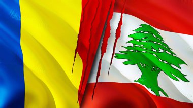 Romanya ve Lübnan yara izi kavramına sahip bayraklar. Dalgalanan bayrak, 3 boyutlu görüntüleme. Romanya ve Lübnan ihtilaf konsepti. Romanya Lübnan ilişkileri kavramı. Romanya ve Lübnan bayrağı kriz, savaş, saldırı konsepti