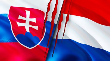 Slovakya ve Hollanda yara izi kavramına sahip bayraklar. Dalgalanan bayrak, 3 boyutlu görüntüleme. Slovakya ve Hollanda ihtilaf kavramı. Slovakya Hollanda ilişkileri kavramı. Slovakya ve Hollanda bayrağı