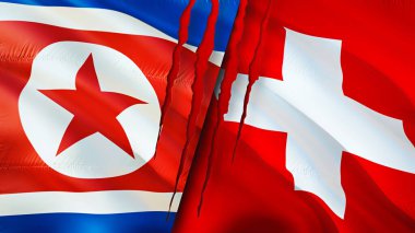 Yara izi olan Kuzey Kore ve İsviçre bayrakları. Dalgalanan bayrak, 3 boyutlu görüntüleme. Kuzey Kore ve İsviçre çatışma konsepti. Kuzey Kore İsviçre ilişkileri kavramı. Kuzey Kore bayrağı