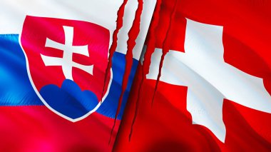 Slovakya ve İsviçre bayraklarında yara izi var. Dalgalanan bayrak, 3 boyutlu görüntüleme. Slovakya ve İsviçre çatışma konsepti. Slovakya İsviçre ilişkileri kavramı. Slovakya ve İsviçre bayrağı