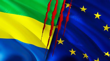 Gabon ve Avrupa Birliği bayrakları yara izi konseptiyle. Dalgalanan bayrak, 3 boyutlu görüntüleme. Gabon ve Avrupa Birliği çatışma konsepti. Gabon Avrupa Birliği ilişkileri kavramı. Gabon ve Avrupa Unio bayrağı