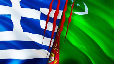 Yara izi olan Yunanistan ve Türkmenistan bayrakları. Dalgalanan bayrak, 3 boyutlu görüntüleme. Yunanistan ve Türkmenistan ihtilaf kavramı. Yunanistan Türkmenistan ilişkileri kavramı. Yunanistan ve Türkmenistan bayrağı