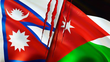 Yara izi olan Nepal ve Ürdün bayrakları. Dalgalanan bayrak, 3 boyutlu görüntüleme. Nepal ve Jordan çatışma konsepti. Nepal Jordan ilişkileri kavramı. Nepal ve Ürdün bayrağı krizi, savaş, saldırı konsepti