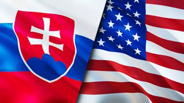Slovakya ve ABD bayrakları. 3 boyutlu dalgalanan bayrak tasarımı. Slovakya Amerikan bayrağı, resim, duvar kağıdı. Slovakya, ABD imajına karşı, 3D görüntüleme. Slovakya ABD ilişkileri ittifak ve ticaret, seyahat, turizm konsepti