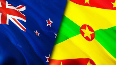 Yeni Zelanda ve Grenada bayrakları. 3 boyutlu dalgalanan bayrak tasarımı. Yeni Zelanda Grenada bayrağı, resim, duvar kağıdı. Yeni Zelanda, Grenada 'ya karşı, görüntü 3 boyutlu. Yeni Zelanda Grenada ilişkileri savaş ittifakı