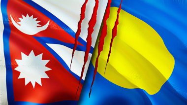 Yara izi olan Nepal ve Palau bayrakları. Dalgalanan bayrak, 3 boyutlu görüntüleme. Nepal ve Palau çatışma konsepti. Nepal Palau ilişkileri kavramı. Nepal ve Palau krizi bayrağı, savaş, saldırı konsepti
