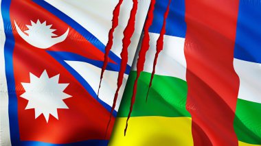 Nepal ve Orta Afrika Cumhuriyeti yara izi kavramına sahip bayraklar. Dalgalanan bayrak, 3 boyutlu görüntüleme. Nepal ve Orta Afrika Cumhuriyeti çatışma konsepti. Nepal Orta Afrika Cumhuriyeti ilişkileri kavramı. bayrak o