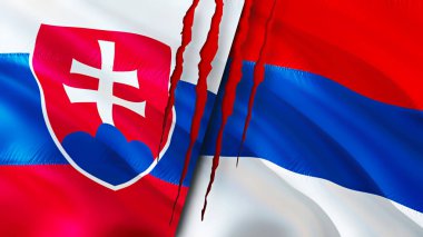 Slovakya ve Sırbistan yara izi kavramına sahip. Dalgalanan bayrak, 3 boyutlu görüntüleme. Slovakya ve Sırbistan ihtilaf kavramı. Slovakya Sırbistan ilişkileri kavramı. Slovakya ve Sırbistan bayrağı kriz, savaş, saldırı konsepti